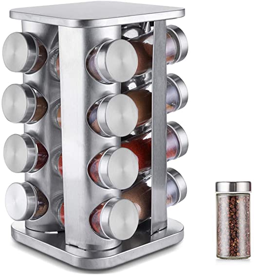 16 Pieces Rotating Stainless Steel Glass Spice Jar Rack