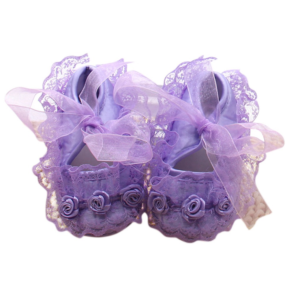 Baby Girls Shoes Purple Soft Lace Ribbon Flower Design for (0 Month -1 Year)
