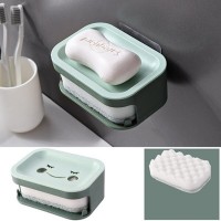 OYOREFD Cartoon Wall Mounted Double Layer Soap Holder Bathroom Drain Soap Box Plastic Sponge Soap Dish Bathroom Accessories