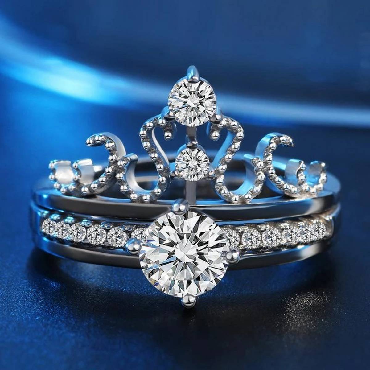 Popular Womens Princess Crown Wedding Rings 2 in 1 With Round Shining Cubic S925 Rings For Womens Europe Brand Opening Rings Jewelry