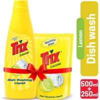 rix Dishwashing Liquid 750ml (Bottle & Refill Combo) Lemon Fragrance for Scratch-Free Sparkling Clean Dishes, removes grease stains