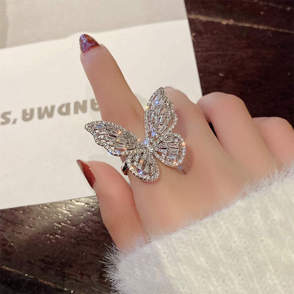 Women Butterfly Ring Vintage Alloy Butterfly Knuckle Ring Rhinestone Finger Ring luxury shiny